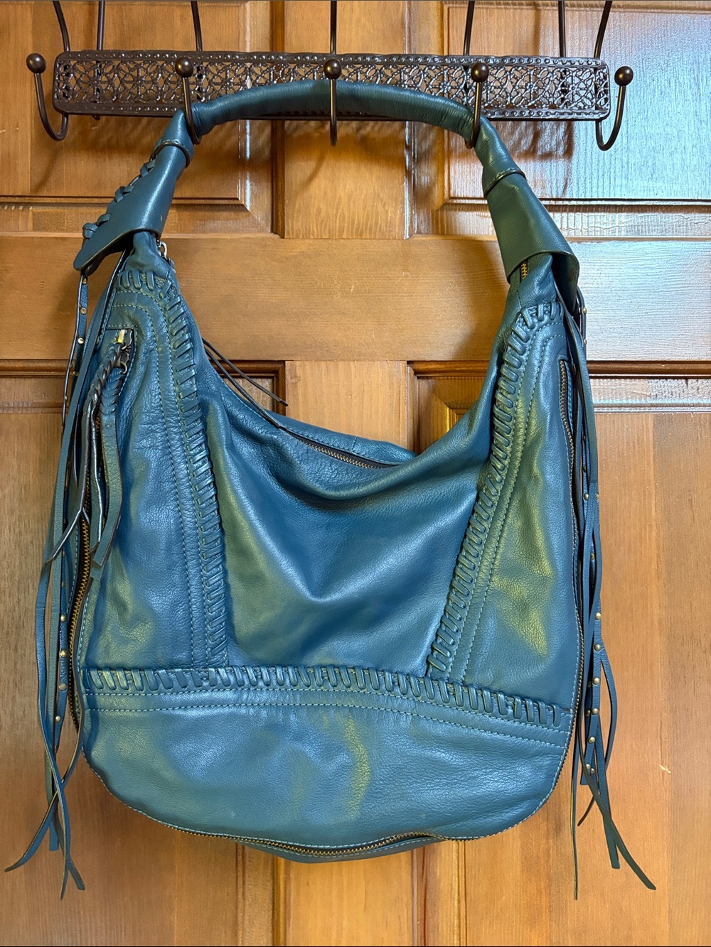 orYANY Teal Leather Fringe Hobo Bag